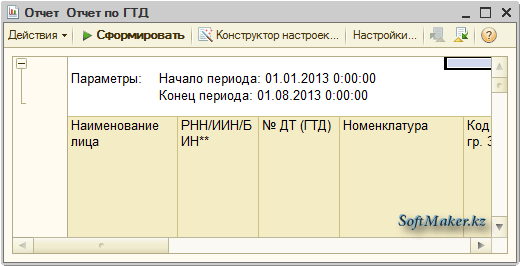 Форма внешнего отчёта по получению сведений о продаже номенклатуры по определённому номеру ГТД